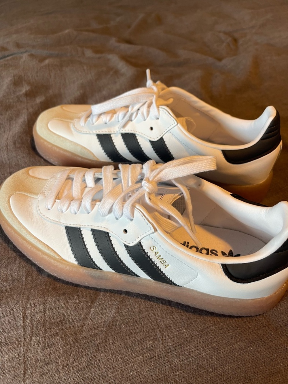 adidas Sambae White with Black Stripes and Gum Sole